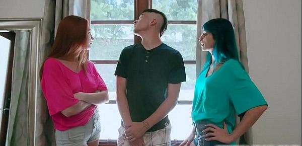  Babes Jewelz Blu and Lacy Lennon lets their stepbro have their twats after giving him a hot stepsister blowjob